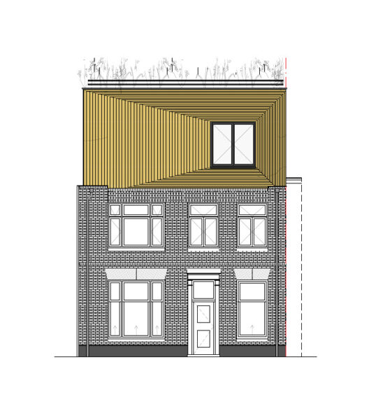 Ontwerptekening gevel met nieuwe houten dakopbouw – Buiten Wittevrouwen Utrecht